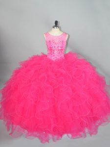 Super Floor Length Hot Pink Sweet 16 Quinceanera Dress Organza Sleeveless Beading and Ruffles