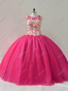 Scoop Sleeveless Ball Gown Prom Dress Floor Length Beading Hot Pink Tulle