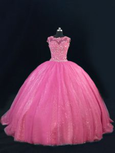 Hot Pink Lace Up Scoop Beading and Lace and Sequins Vestidos de Quinceanera Tulle Sleeveless