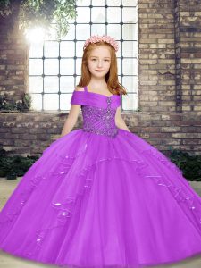 Exquisite Lilac Lace Up Girls Pageant Dresses Beading Sleeveless Floor Length