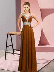 Brown Lace Up V-neck Beading Prom Dresses Chiffon Sleeveless