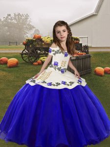Straps Sleeveless Lace Up Child Pageant Dress Royal Blue Organza