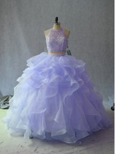 Glittering Lavender Two Pieces Organza Halter Top Sleeveless Beading and Ruffles Floor Length Backless Sweet 16 Dress