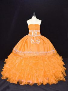 Sleeveless Organza Floor Length Lace Up 15th Birthday Dress in Gold with Embroidery and Ruffles
