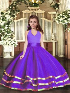 Purple Lace Up Halter Top Ruffled Layers Pageant Gowns Organza Sleeveless