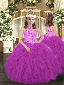 Purple Sleeveless Floor Length Embroidery and Ruffles Lace Up Kids Pageant Dress