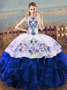 Superior Ball Gowns Quinceanera Gown Blue And White Halter Top Organza Sleeveless Floor Length Lace Up