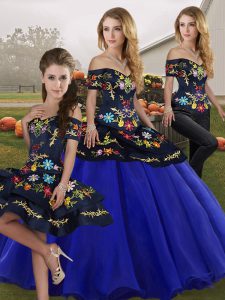 Fashion Off The Shoulder Sleeveless Lace Up Sweet 16 Dresses Royal Blue Tulle