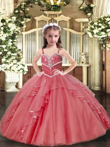 Pink Ball Gowns Tulle Straps Sleeveless Beading and Ruffles Floor Length Lace Up Pageant Gowns For Girls