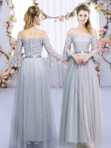 Off The Shoulder 3 4 Length Sleeve Bridesmaid Dresses Floor Length Lace and Belt Grey Tulle