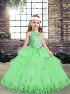 Charming Yellow Green Tulle Lace Up Scoop Sleeveless Floor Length Little Girl Pageant Dress Appliques