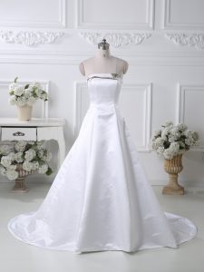 Custom Designed White Satin Lace Up Strapless Sleeveless Prom Dress Court Train Ruching