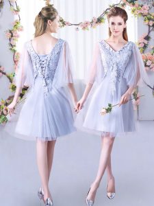 Grey Tulle Lace Up Court Dresses for Sweet 16 Sleeveless Mini Length Lace