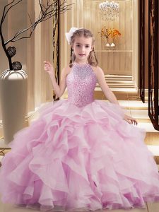 Low Price Sleeveless Tulle Floor Length Lace Up Kids Formal Wear in Lilac with Beading and Ruffles