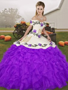 Floor Length Purple Quinceanera Gowns Off The Shoulder Sleeveless Lace Up
