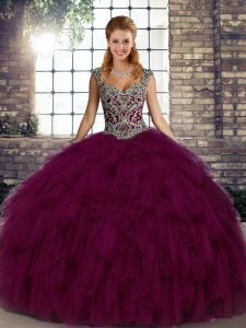 Delicate Beading and Ruffles Sweet 16 Quinceanera Dress Dark Purple Lace Up Sleeveless Floor Length