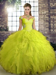 Cute Yellow Green 15th Birthday Dress Military Ball and Sweet 16 and Quinceanera with Beading and Ruffles Off The Should