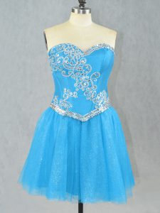 Adorable Baby Blue Tulle Lace Up Evening Dress Sleeveless Mini Length Beading