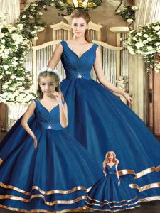 Pretty Floor Length Navy Blue Quinceanera Dresses V-neck Sleeveless Backless