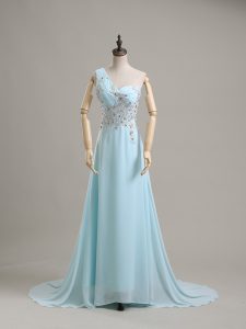 Aqua Blue Empire Beading Prom Gown Side Zipper Chiffon Sleeveless