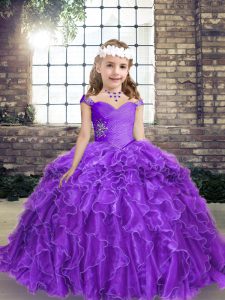 High Quality Purple Ball Gowns Organza Straps Sleeveless Beading and Ruffles Floor Length Lace Up Little Girl Pageant Go