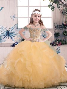 On Sale Peach Child Pageant Dress Party and Sweet 16 and Wedding Party with Beading Off The Shoulder Sleeveless Lace Up