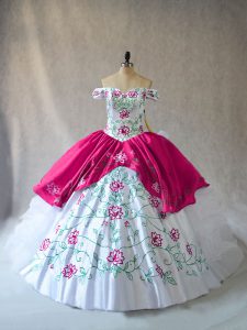 Vintage Floor Length Pink And White 15th Birthday Dress Organza Sleeveless Embroidery and Ruffles
