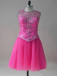 Mini Length Hot Pink Prom Party Dress Tulle Sleeveless Beading