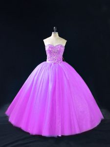 Purple Ball Gowns Tulle Sweetheart Sleeveless Beading Floor Length Lace Up Sweet 16 Dresses