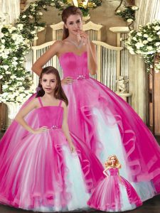 Sweetheart Sleeveless Quinceanera Gowns Floor Length Ruffles Hot Pink Tulle