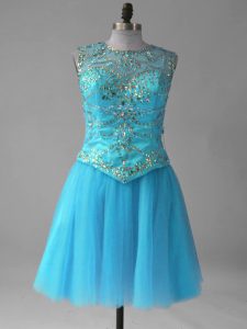 Luxurious Aqua Blue Sleeveless Beading and Sequins Mini Length Prom Dresses