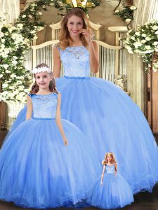 Eye-catching Blue Ball Gowns Lace Quinceanera Dresses Clasp Handle Tulle Sleeveless Floor Length