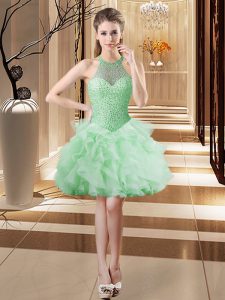 Halter Top Sleeveless Prom Evening Gown Mini Length Beading and Ruffles Apple Green Tulle