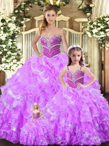 Superior Lilac Ball Gowns Sweetheart Sleeveless Organza Floor Length Lace Up Beading and Ruffles Sweet 16 Dresses
