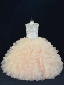 Modern Beading and Ruffles Sweet 16 Dress Champagne Lace Up Sleeveless Floor Length