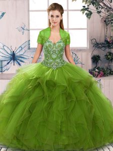 New Arrival Sleeveless Tulle Floor Length Lace Up Sweet 16 Quinceanera Dress in Olive Green with Beading and Ruffles