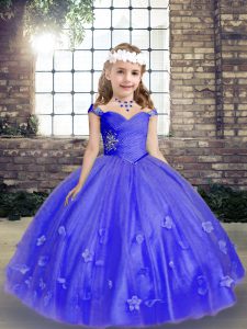 Tulle Straps Sleeveless Lace Up Beading and Hand Made Flower Pageant Gowns For Girls in Blue