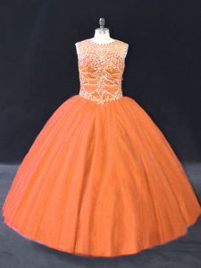 Orange Lace Up Sweet 16 Quinceanera Dress Beading Sleeveless Floor Length
