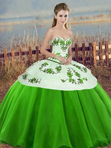 Green Tulle Lace Up Sweetheart Sleeveless Floor Length Quinceanera Gown Embroidery and Bowknot