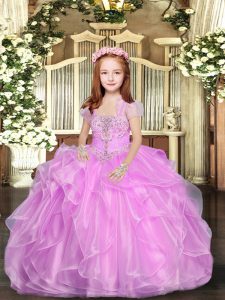 Top Selling Sleeveless Floor Length Beading and Ruffles Lace Up Kids Pageant Dress with Lilac