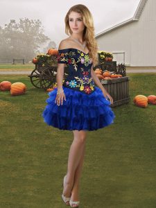 Fashionable Sleeveless Organza Mini Length Lace Up Prom Party Dress in Royal Blue with Embroidery and Ruffled Layers