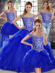 Admirable Royal Blue Quince Ball Gowns Off The Shoulder Sleeveless Brush Train Lace Up
