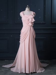 Delicate Pink Prom Evening Gown Chiffon Brush Train Sleeveless Ruching