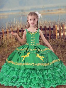 Turquoise Straps Neckline Beading and Embroidery and Ruffled Layers Little Girls Pageant Dress Wholesale Sleeveless Lace