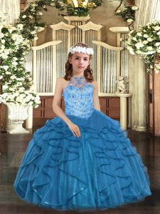 Blue Tulle Lace Up Little Girl Pageant Gowns Sleeveless Floor Length Beading and Ruffles