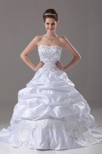 White Ball Gowns Strapless Sleeveless Taffeta Brush Train Lace Up Beading and Embroidery and Pick Ups Wedding Dresses