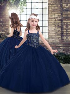 Elegant Navy Blue Ball Gowns Tulle Straps Sleeveless Beading Floor Length Lace Up Little Girl Pageant Gowns