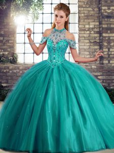 Inexpensive Turquoise Ball Gowns Tulle Halter Top Sleeveless Beading Lace Up Quinceanera Dress Brush Train