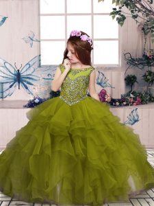 Ball Gowns Pageant Dress for Girls Olive Green Scoop Organza Sleeveless Floor Length Lace Up