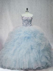 New Style Light Blue Ball Gowns Tulle Sweetheart Sleeveless Beading and Ruffles Lace Up Quinceanera Dress Brush Train